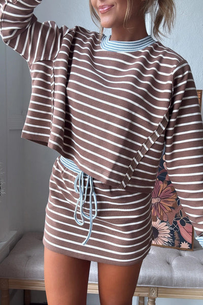 Trendy Women's Brown Striped Cropped Long Sleeve Top with Drawstring Mini Skirt Set - Stylish Patchwork Outfit made for easy styling and wardrobe