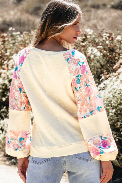 Trendy Women's Apricot Floral Patchwork Blouse with Textured Fabric and Balloon Sleeves for Effortless Style