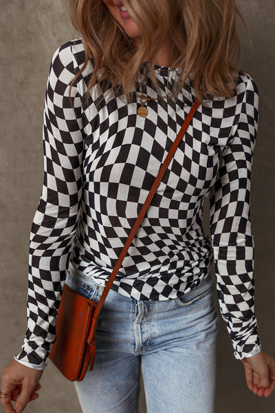 Trendy Women's Black Checkered Mesh Mock Neck Long Sleeve Top - Chic Style for Casual Outings and Everyday Wear