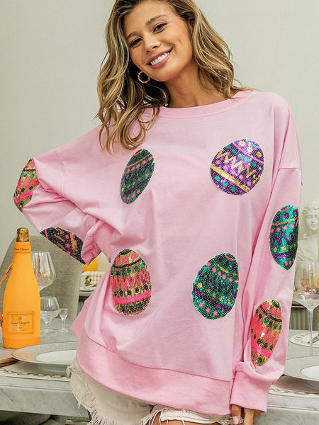 Sparkling Pink Easter Egg Drop Shoulder Oversized Sequin Sweatshirt