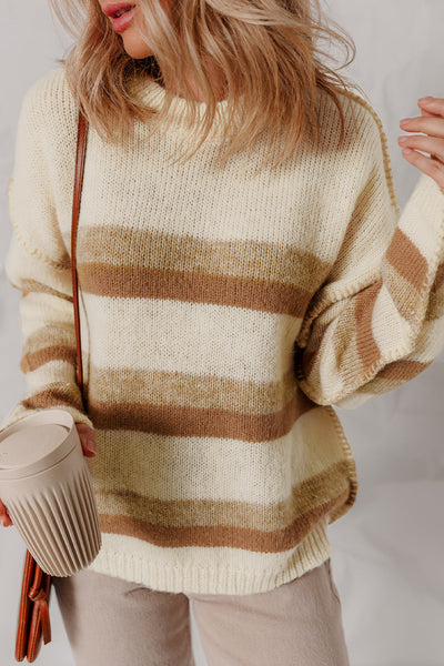 Women's Casual Khaki Stripe Knit Sweater with Exposed Seams, Drop Shoulder, and Relaxed Fit for Effortless Style