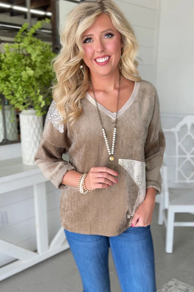 Chic Women's Parchment V-Neck Long Sleeve Top with Sequin Star Patches - Trendy, Stylish, and Perfect for Any Occasion