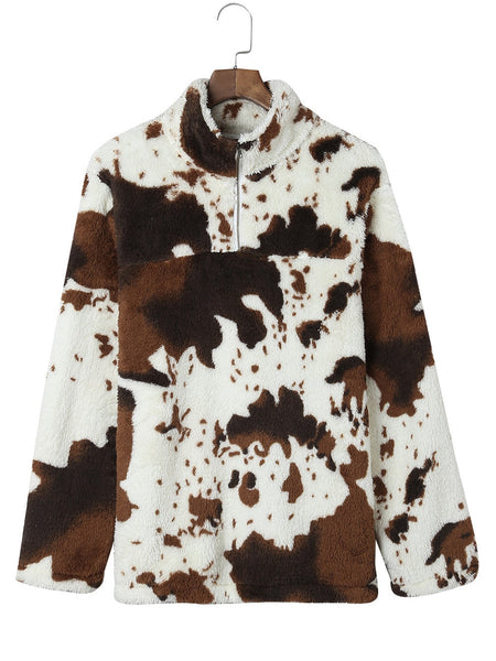 Women's Cow Print Zip Collar Fleece Sweatshirt