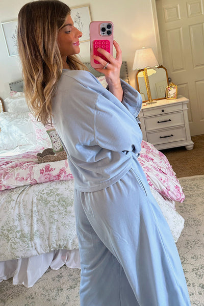 Chic Women's Blue Flounce Long Sleeve Top & Drawstring Pants Lounge Set with Velvet Bow Knot Detail