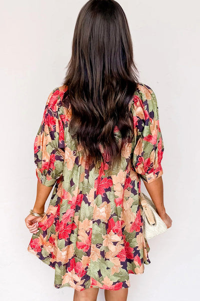 Women's Ruffled V-Neck Floral Babydoll Dress in Sage and Terracotta