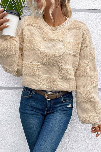 Cozy Women's Parchment Checkered Sherpa Sweater - Loose Fit Crew Neck for Stylish Fall and Winter Layering