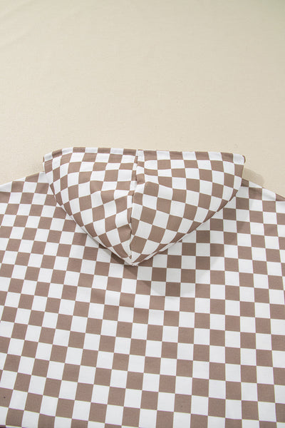 Stylish Women's Khaki Oversized Hoodie with Checkered Patchwork & Tie Neck for Effortless Casual Chic