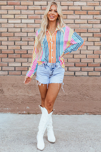 Trendy Women's Orange Striped Loose-Fit Drop Shoulder Shirt - Casual Multicolor Top for Effortless Everyday Style