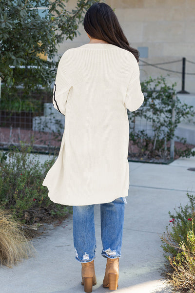 Beige Flower Embroidered Women's Open Front Duster Cardigan with Drop Shoulders - Stylish and Comfortable Layering Piece