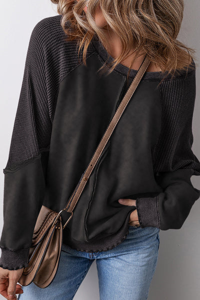 cozy women's black waffle knit raglan sweatshirt - trendy patchwork design for casual outings and everyday wear made for easy styling and wardrobe