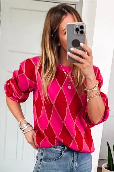 Stylish Women's Rose Red Glitter Knit Sweater with Rhombus Design for Casual Everyday Fashion made for easy styling and wardrobe coordination, with