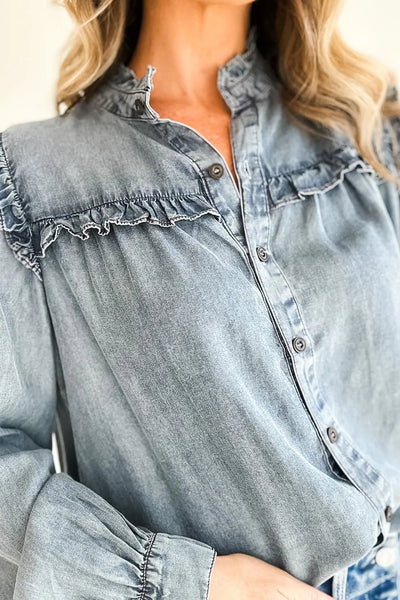 Dusk Blue Women's Chambray Shirt with Frilled Details & Button-Down Design - Stylish, Comfortable Fit for Everyday Wear
