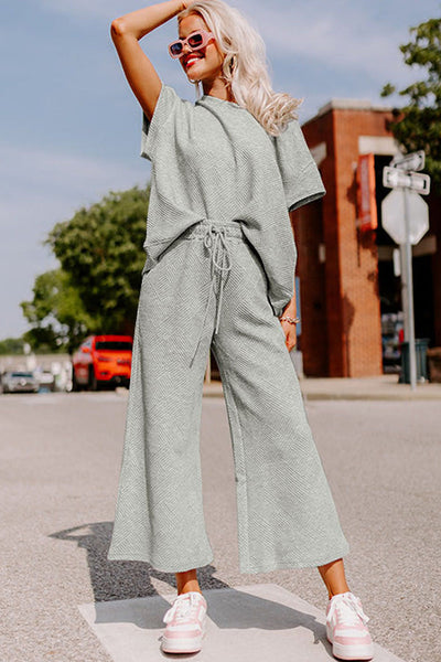 Women's Gray Textured Lounge Set Relaxed Fit T-Shirt & Drawstring Pants for Ultimate Comfort and Chic Style