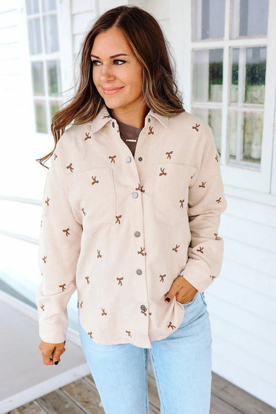 Women's Stylish Jet Stream Corduroy Shacket with Bow Embroidery - Chic Button-Down Layer for Effortless Fall Fashion