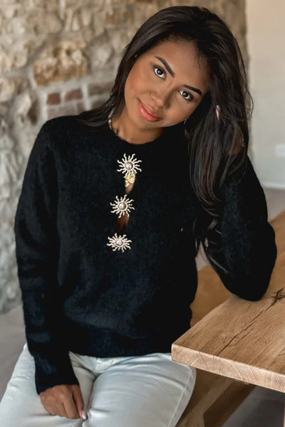 Cozy Women's Black Solar Button Neck Sweater - Chic Casual Style for Effortless Everyday Comfort