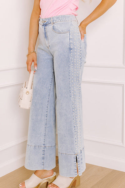 Trendy Women's Beau Blue Mid Rise Wide Leg Jeans with Pearl Accents and Split Design for a Chic Look