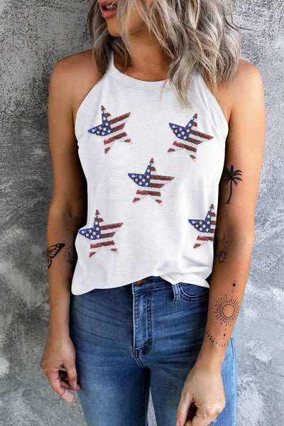 White Glittering American Flag Star Print Tank Top