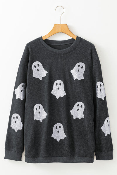 Cozy Women's Black Ghost Print Sweatshirt - Loose Fit for Spooky Halloween Style, Perfect for Fall Comfort