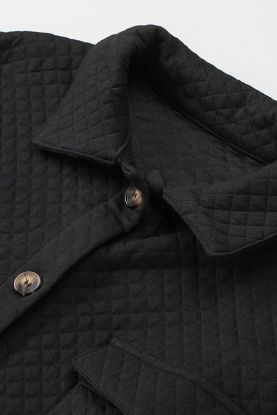 Women's Black Retro Quilted Shacket with Flap Pockets - Chic Button-Up Overshirt for Effortless Casual Style