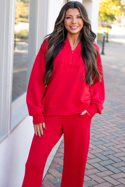 women's fiery red athleisure set - stylish quarter-zip pullover and drawstring sweatpants for ultimate comfort made for easy styling and wardrobe with