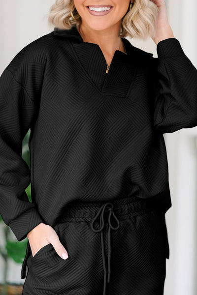 Chic Women's Black Textured V-Neck Collared Top with Wide Leg Pants Set - Stylish, Comfortable Outfit for Casual Outings