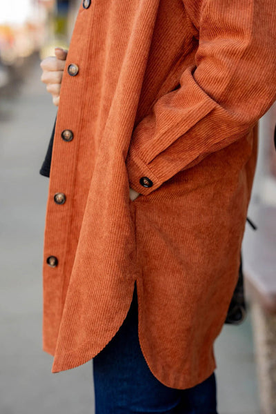 Chic Women's Oversized Gold Flame Corduroy Shacket with Side Slits - Trendy Layering Essential for Stylish Fall Outfits