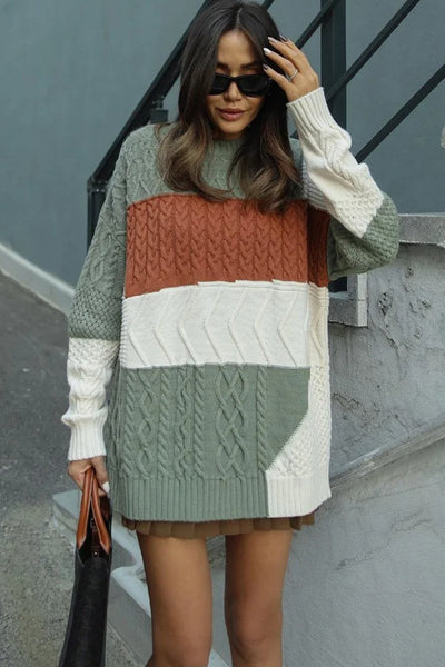 Cozy Women's Green Color Block Knit Sweater with Cable Texture - Relaxed Fit for Effortless Casual Style
