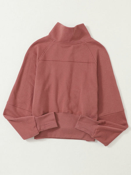 Cozy Brown Zip Up Sweatshirt with Stand Collar and Thumbhole Sleeves