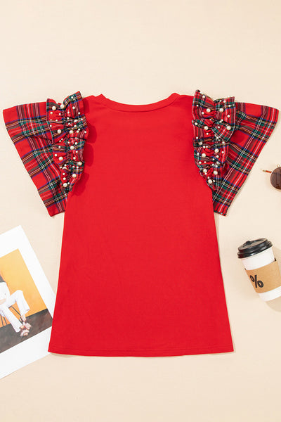 Red Plaid Ruffle Sleeve Merry Graphic Tee with Pearls with practical styling and dependable silhouette control.