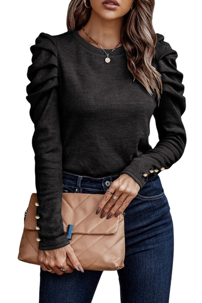 Elegant Black Puff Sleeve Sheath Top for Women with Button Detail - Stylish Fit for Every Occasion