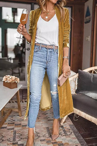 Stylish Women's Yellow Velvet Duster Coat with Pockets - Comfortable Open Front Design for Effortless Chic Looks