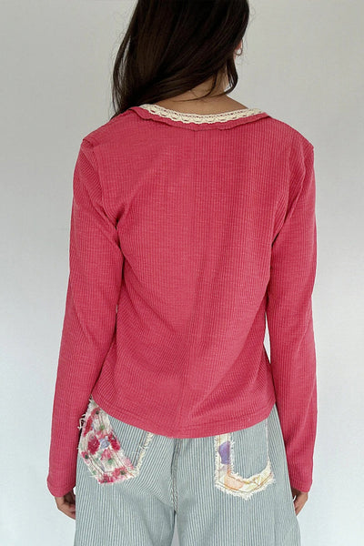 Women's Racing Red Ribbed Long Sleeve Lace V-Neck Henley Top