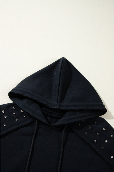 Chic Women's Black Raglan Hoodie with Pocket - Trendy Rivet-Studded Comfortable Casual Wear for Everyday Style