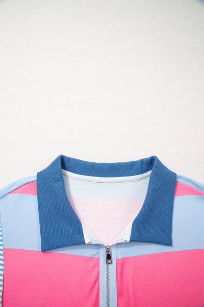 Women's Plus Size Pastel Striped Quarter-Zip Colorblock Pullover