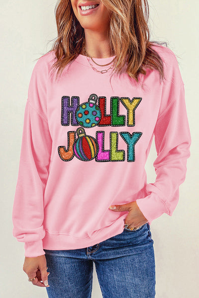 Women's Holly Jolly Pink Christmas Sweatshirt with Glitter Graphic