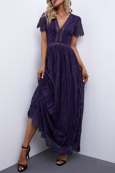 Women's Floral Crochet Lace V-Neck Midi Dress with Bell Sleeves