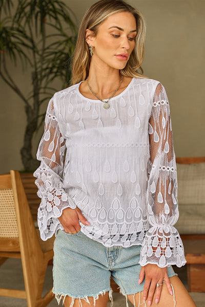 Chic Beige Embroidered Mesh Blouse with Flounce Sleeves for Women Elegant Summer Top for Effortless Style