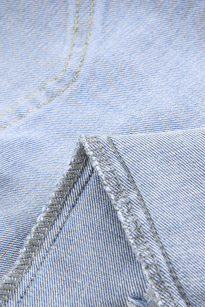 Blue Raw Hem Denim Jorts with Distressed Details, Mid-Stretch Slash Pockets Bermuda Denim Shorts, Women's Denim Jeans & Apparel