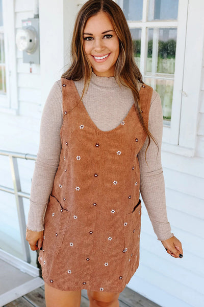 Women's Gold Flame Flower Embroidered Mini Dress - Stylish Corduroy Overall with Adjustable Straps and Trendy Fit