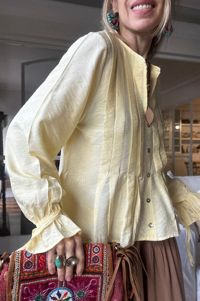 Effortless Women's Yellow Cream Pintuck Blouse with Ruffled Sleeves and Button Front - Relaxed Fit for Everyday Chic