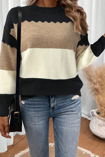 Stylish Women's Black Colorblock Crew Neck Sweater with Drop Shoulders for Ultimate Comfort and Effortless Chic