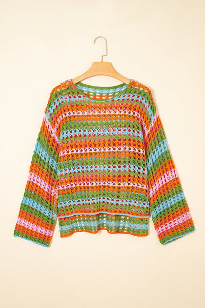 Stylish Women's Lightweight Multi-Stripe Open Knit Sweater Cover-Up for Comfortable Beach Days