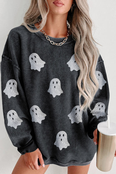 Cozy Women's Black Ghost Print Sweatshirt - Loose Fit for Spooky Halloween Style, Perfect for Fall Comfort