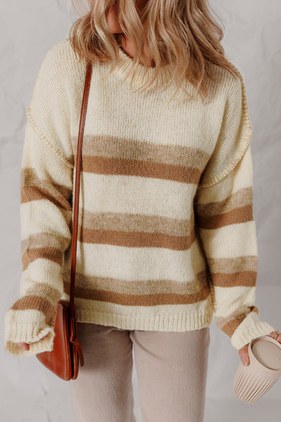 Women's Casual Khaki Stripe Knit Sweater with Exposed Seams, Drop Shoulder, and Relaxed Fit for Effortless Style