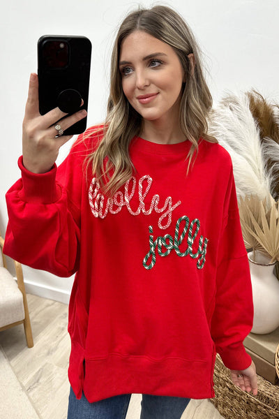 Cozy Women's Red Holly Jolly Sweatshirt | Relaxed Fit with Fun Letter Embroidery for a Playful Style