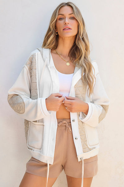 Women's Beige Quilted Hooded Jacket with Textured Patchwork Stylish Loose Fit for Cozy Comfort
