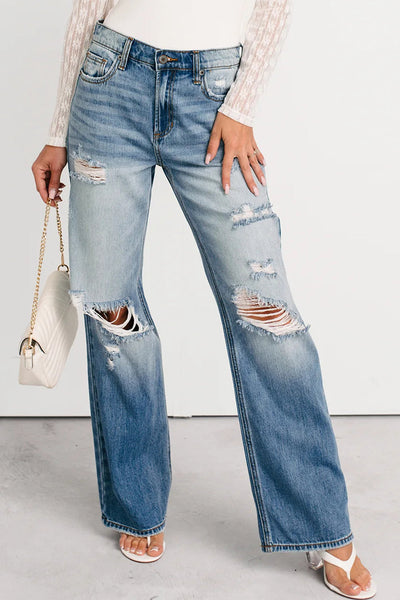 Chic Women's Classic Blue Mid Rise Distressed Straight Leg Jeans for Everyday Comfort and Style
