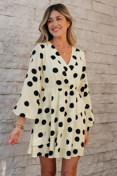 Trendy Women's Beige Polka Dot Surplice Mini Dress with Puff Sleeves Perfect for Casual Summer Outings