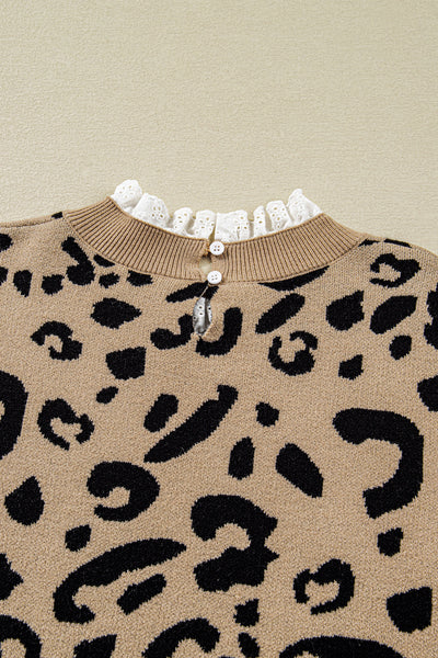 women's trendy plus size women's brown leopard knit sweater with lacy trim and cuffed sleeves for a chic look with practical styling and dependable