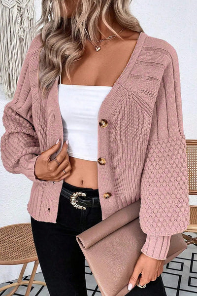 Women's Light Pink Textured Knit V-Neck Cardigan Sweater